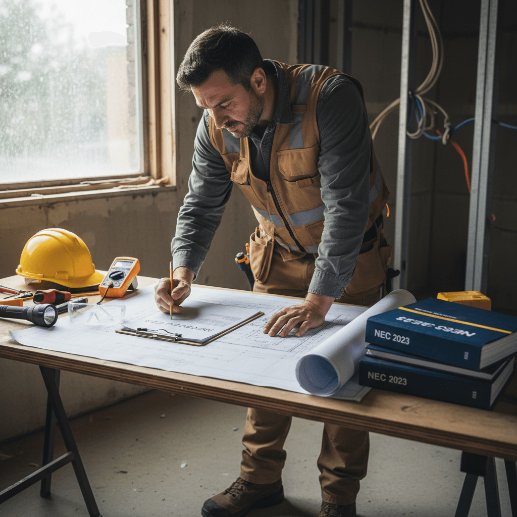 Electrician reviewing electrical code compliance documentation