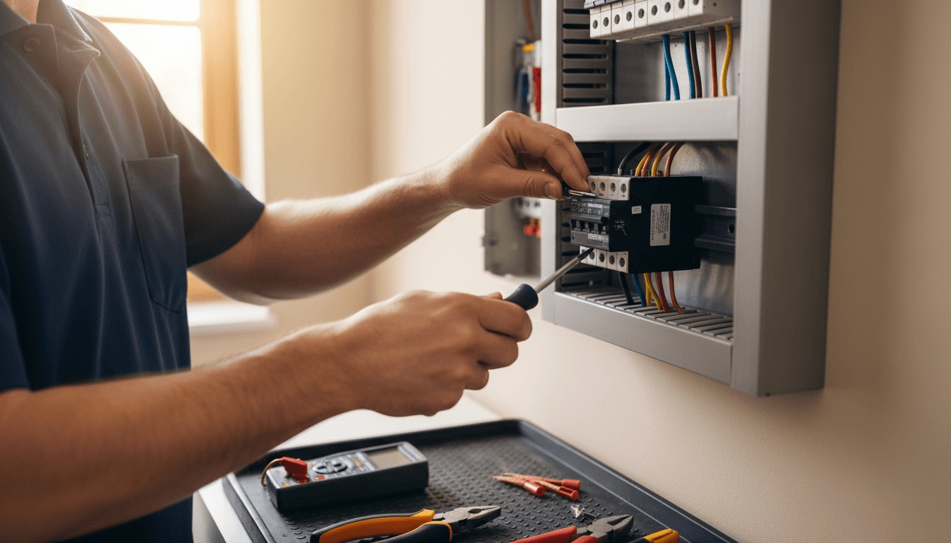 Electrician installing circuit breaker in residential electrical panel with precision and care