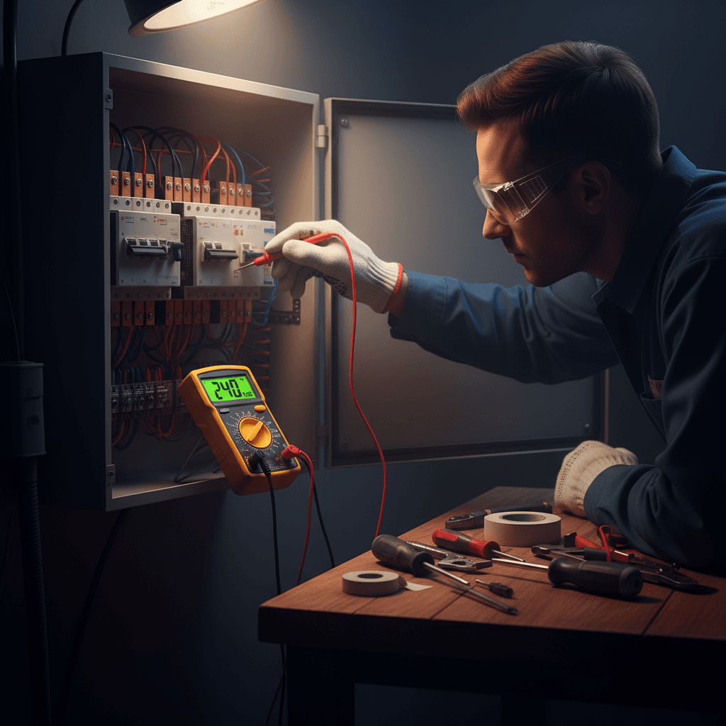 Electrician using digital multimeter for electrical diagnostics