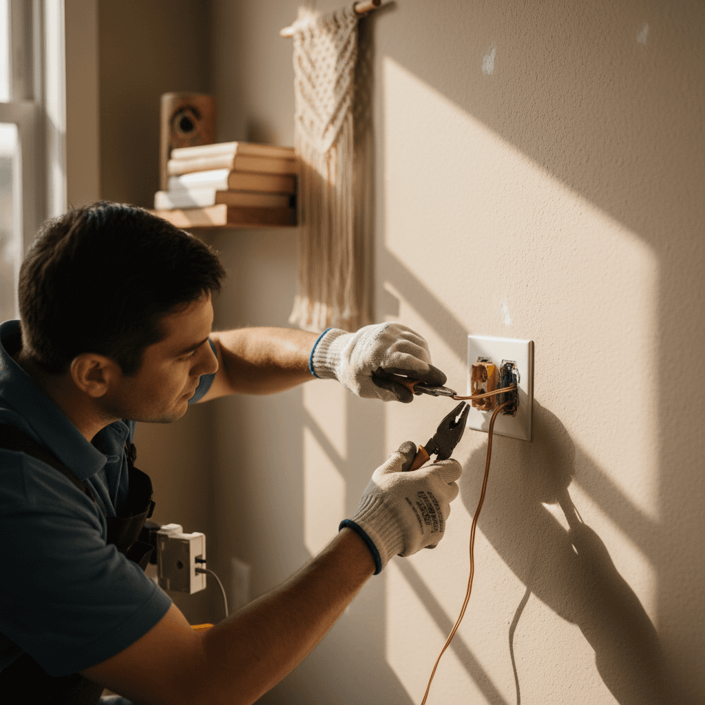 Electrician replacing residential wall outlet