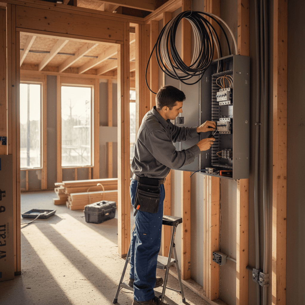 Electrician installing breakers in new construction panel