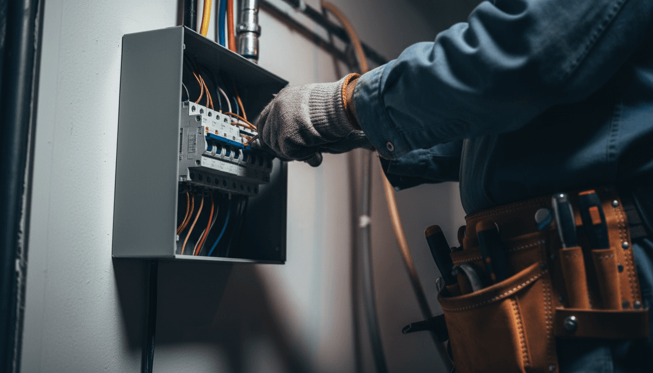 Electrician connecting wires to a circuit breaker panel