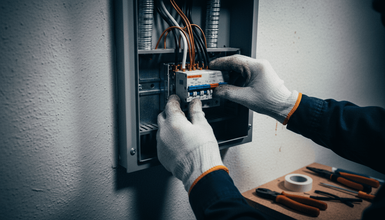 Electrician installing circuit breaker in residential electrical panel