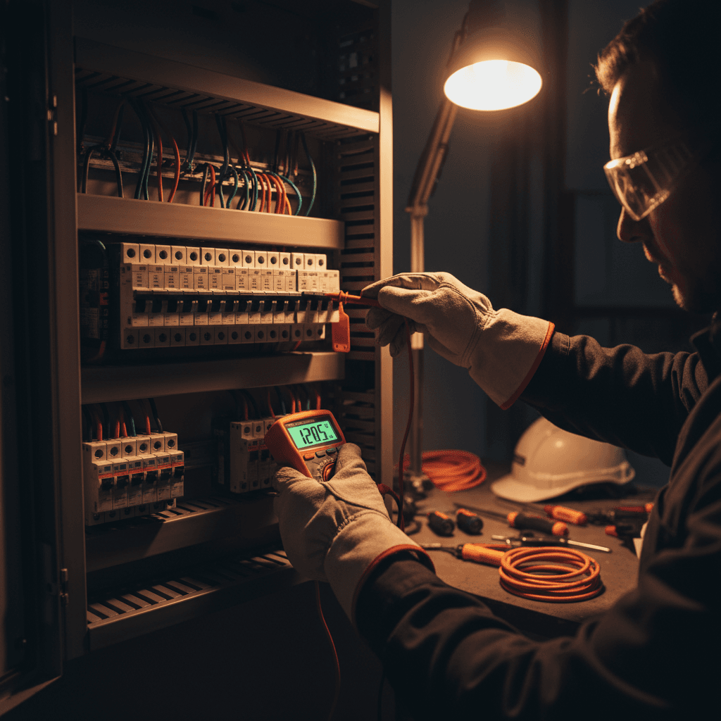 Electrician testing electrical panel safely with proper equipment