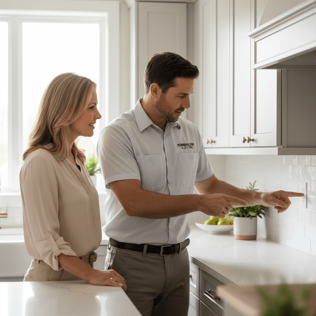 Electrician explaining electrical work to homeowner