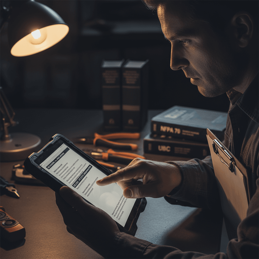 Electrician reviewing code requirements for project compliance