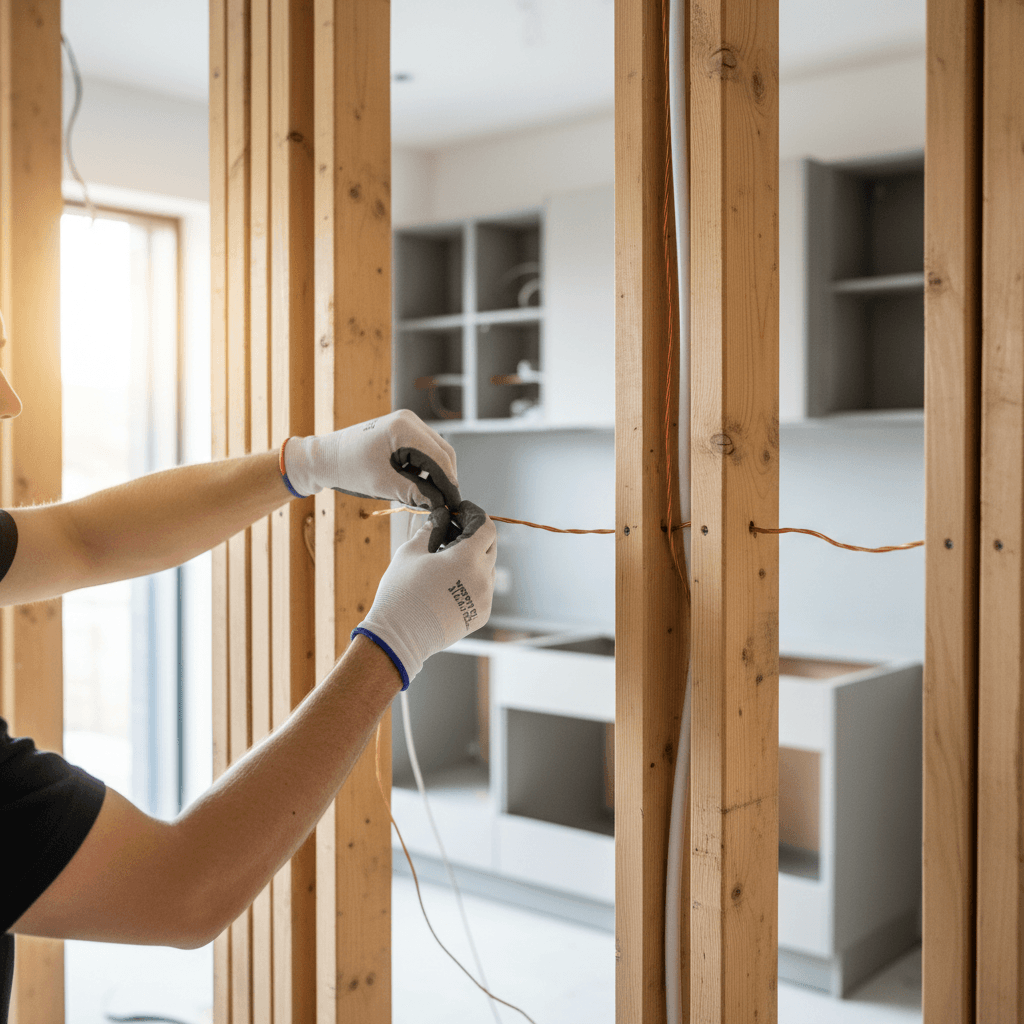 Electrician running new wiring through wall framing during kitchen upgrade