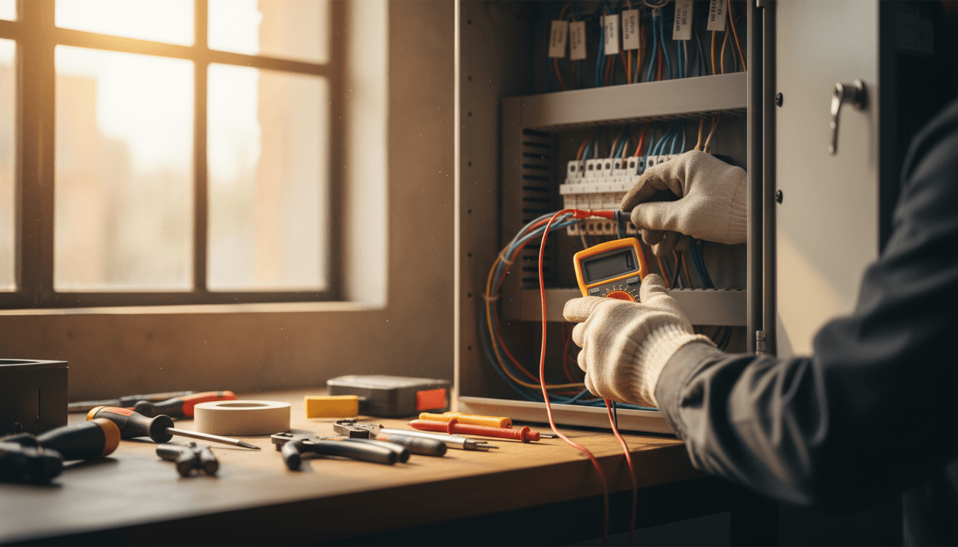Electrician testing circuit connections with precision tools