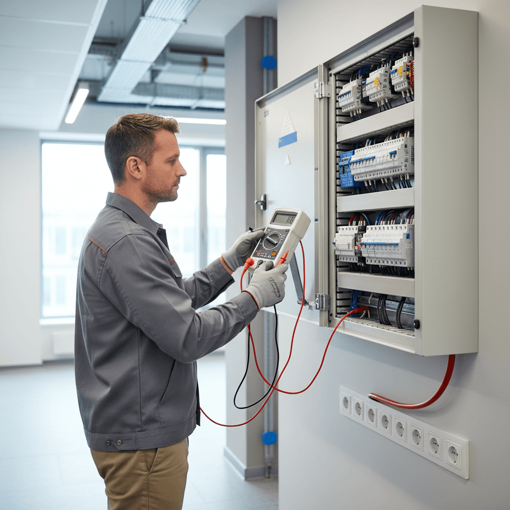 Electrician diagnosing commercial electrical system