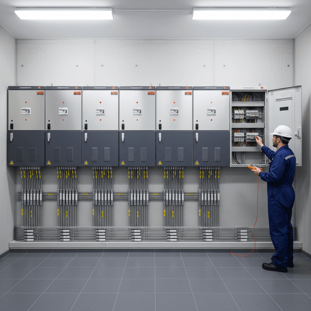 Commercial electrical panel room with organized wiring and breakers